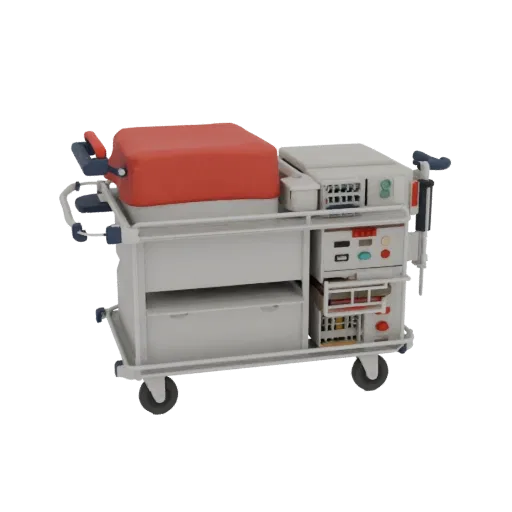 Emergency Medical Cart Education 3D model, three-quarter training render, showing painted metal, clinical silhouette.