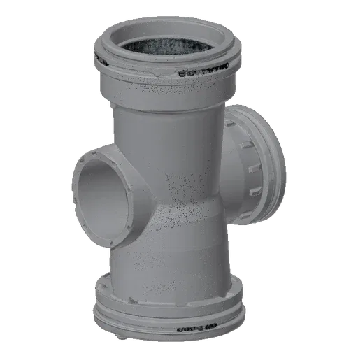 3D model of T-shaped pipe tee with internal flow splitter, grey color