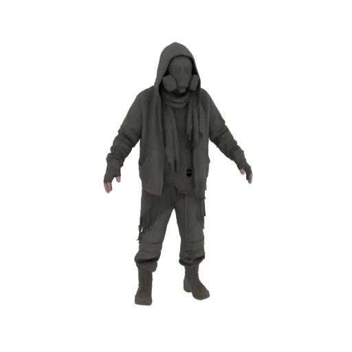 3D model of a post-apocalyptic survivor wearing a gas mask and tattered clothing, standing in a neutral pose against a black