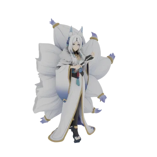 3D model of a Kitsune, a mythical Japanese fox spirit with nine white tails and flowing robes, holding a fan.