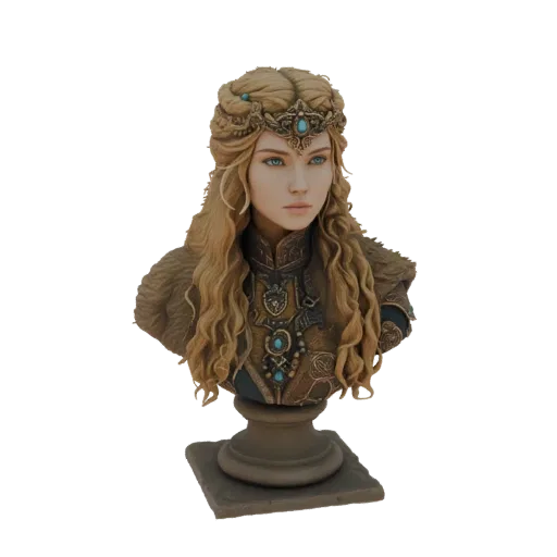 3D model of a fantasy warrior queen bust with blonde hair, a jeweled circlet, fur mantle, and detailed armor, displayed on a