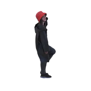 Modelo 3D de mujer con boina roja y abrigo oscuro, posando con una pierna levantada.