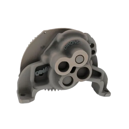 3D model render of a complex industrial pump housing with multiple ports and an ornate shroud, presented on a black backgroun