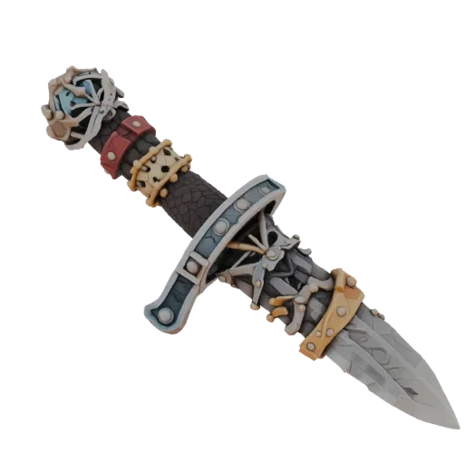 3D model of a pirate dagger handle with skulls, adorned with bone elements and guard