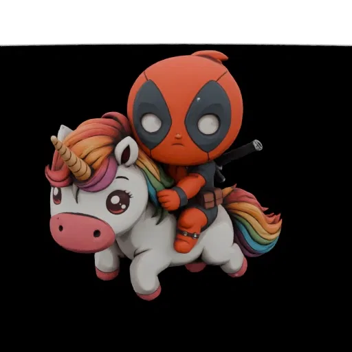 3D model of a cute, chibi Deadpool character riding a white unicorn with a rainbow mane and tail, set against a black backgro