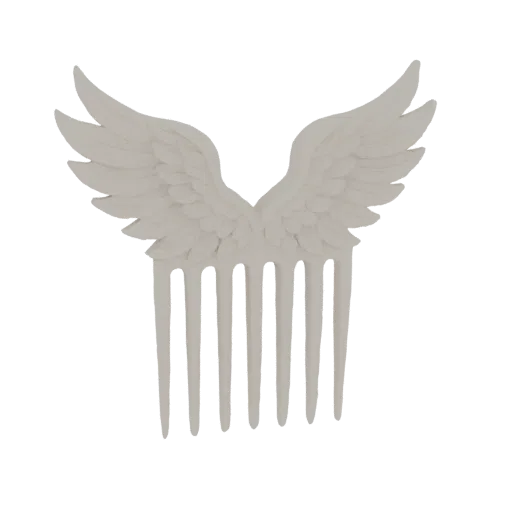 A 3D render of a white comb with large, detailed wings spread upwards.