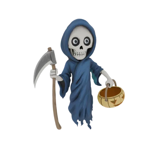 3D model of a cartoon Grim Reaper with a blue robe, holding a scythe and a pumpkin candy bucket.