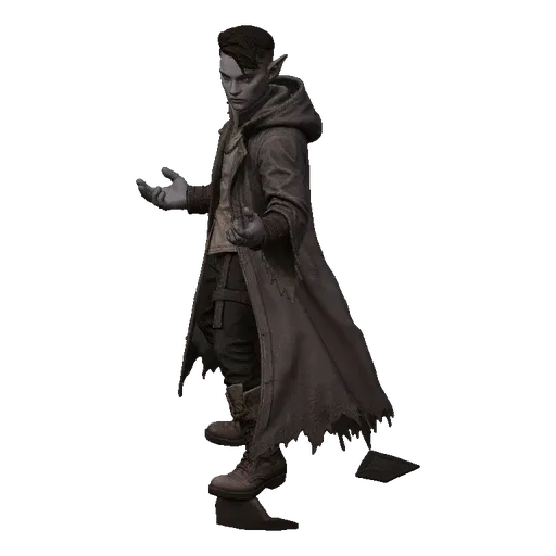 3D model of a Dark Elf Mage with pointed ears, dark hair, wearing a long, tattered coat and vest, with arms outstretched in a