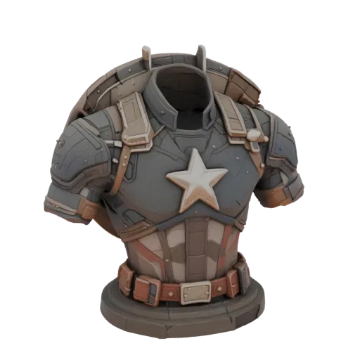3D model of Captain America bust in steampunk style, front view, with detailed costume, straps, and shield on back, on a roun