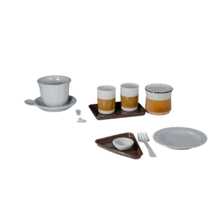 Picnic Tea Service Stylized 3D model, stylized isometric render, showing ceramic, arranged serving layout.