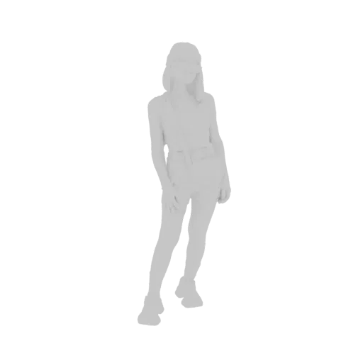 Modello 3D di una giovane donna in abbigliamento casual, con cappellino e borsa a tracolla, in posa rilassata.