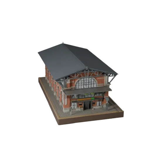 Edificio de Estación de Tren modelo 3D low poly, vista exterior lista para juegos, mostrando materiales de edificio público y