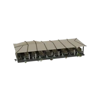 3D model of an outdoor cafe seating area with tables, chairs, and a large beige canopy.