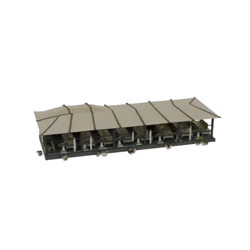 3D model of an outdoor cafe seating area with tables, chairs, and a large beige canopy.