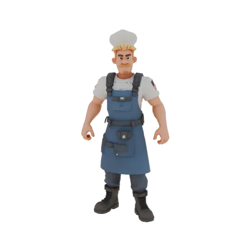 Team Fortress 2 style chef 3D model, standing full height, wearing a blue apron, white t-shirt, and black boots.