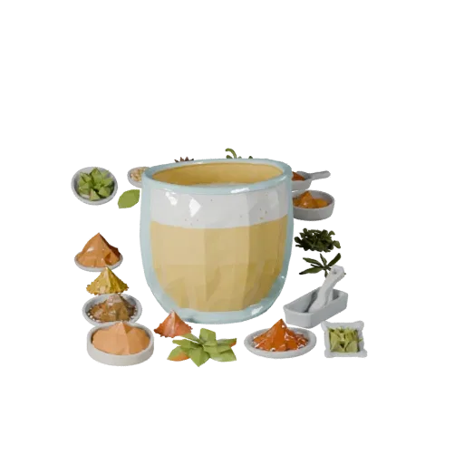 Spice Herb Bundle Low Poly 3D model, game viewport three-quarter view, showing powders, small ingredient shapes.