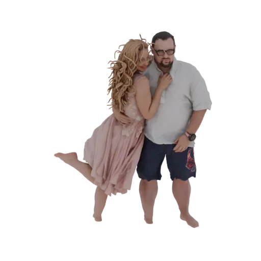 3D model of a romantic couple embracing, the woman in a pink dress and the man in a blue shirt and shorts.