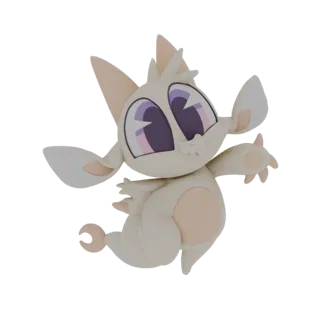 Una representación 3D de una criatura zorro fennec chibi linda y de color crema con grandes ojos morados y orejas grandes, po