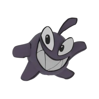 Un modelo 3D de un monstruo morado caricaturesco con una sonrisa amplia y dentuda y ojos grandes con contorno blanco, sobre u