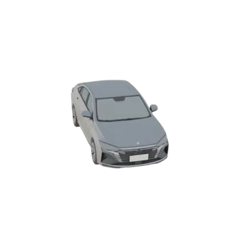 Un modelo 3D de un sedán plateado y elegante visto desde un ángulo frontal derecho ligeramente elevado sobre un fondo blanco.