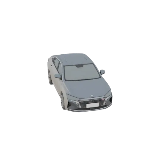 A 3D model of a sleek, silver sedan viewed from a slightly elevated front-right angle against a white background.