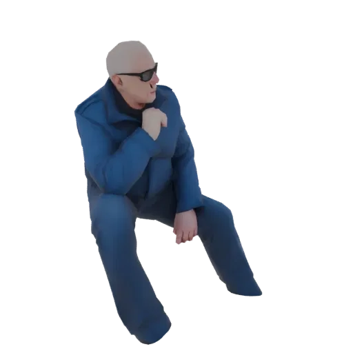 3D model of a bald man in a blue suit and sunglasses, sitting with his hand on his chin, looking to the side.