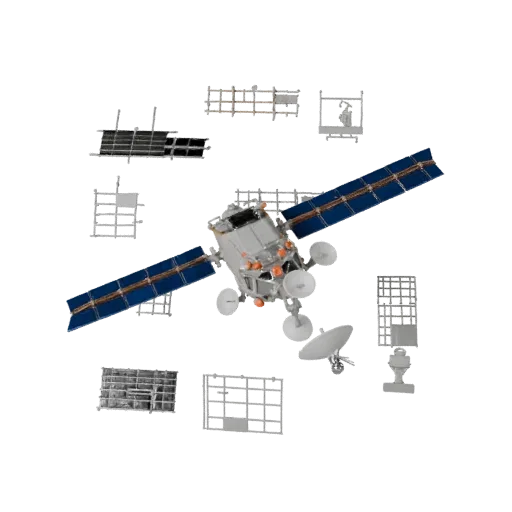 Communication Space Probe Modular 3D model, isometric modular kit view, showing solar panels, spacecraft silhouette.