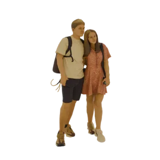 Modello 3D di un uomo e una donna giovani in piedi insieme, entrambi con zaini e abiti casual, in posa per una foto.