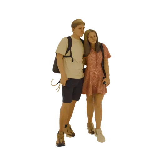 3D model of a young man and woman standing together, both wearing backpacks and casual clothing, posing for a photo.