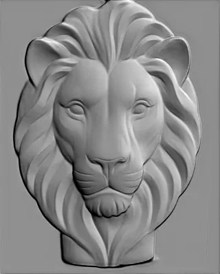 3D модель барельефа головы льва в классическом стиле, с детализированной гривой и выразительной мордой