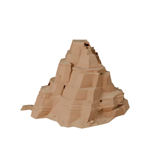 Desert Mesa Cliff Low Poly 3D model, game viewport three-quarter view, showing stratified stone, dune ridges.