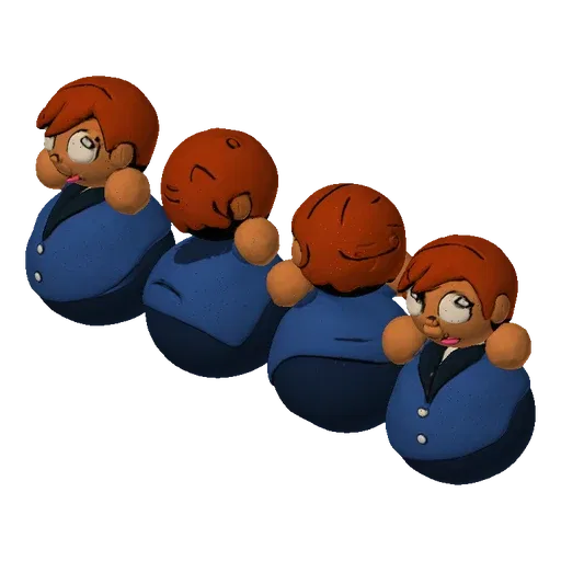 3D model of a claymation-style character with orange hair and a blue suit, viewed from different angles.