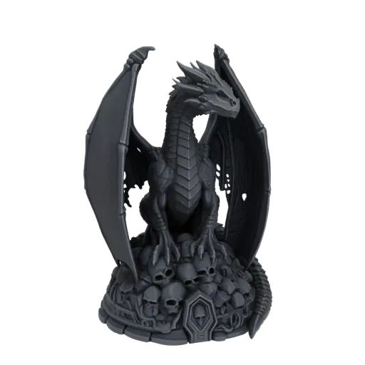 A dark, detailed 3D model of a gothic dragon with spread wings, sitting on a pile of human skulls, against a white background.