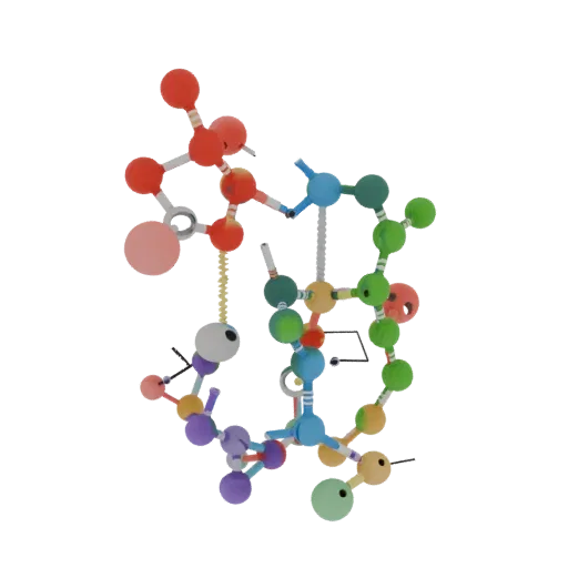 Classroom Protein Chain 3D model, side profile view, technical viewport render, showing colored spheres, form detail.