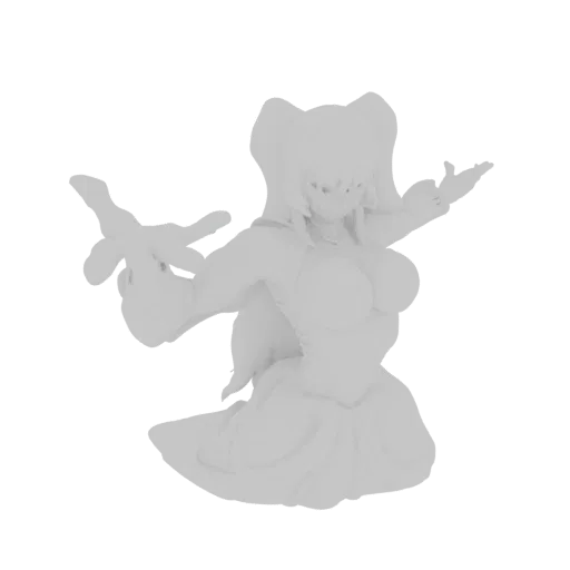 3D model render of an anime sorceress with long, flowing hair and arms outstretched in a dramatic pose, against a white backg