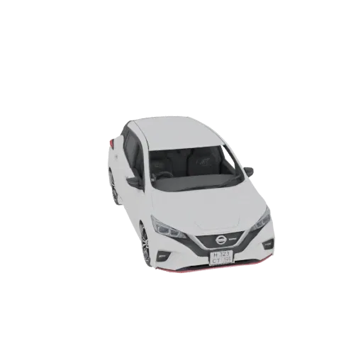 3D model of a white Nissan Leaf electric car, viewed from a slightly elevated front angle against a black background.