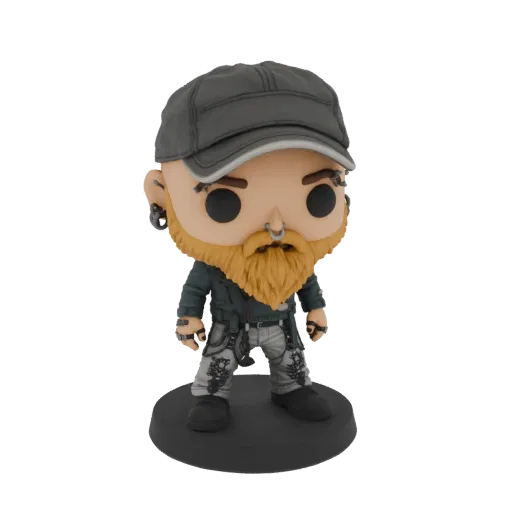 Modelo 3D de un personaje punk rocker con barba, vistiendo una gorra, chaqueta y pantalones detallados, de pie sobre una base