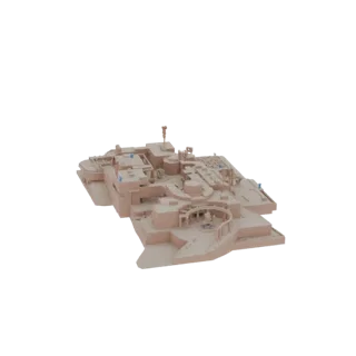 3D model of a modern architectural complex with a central courtyard, multiple levels, and distinct towers, rendered in a ligh