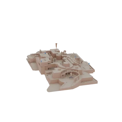 3D model of a modern architectural complex with a central courtyard, multiple levels, and distinct towers, rendered in a ligh