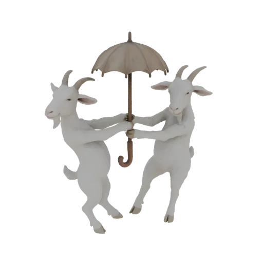 3D model of two white goats huddled together, sharing a beige umbrella against a black background.