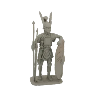 Modello 3D di un soldato legionario romano in piedi con una lancia nella mano sinistra e appoggiato a uno scudo scutum con la