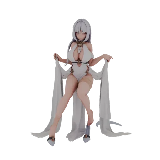 3D model of a serene goddess wearing an elegant white gown, with flowing fabric and intricate details, posed gracefully.