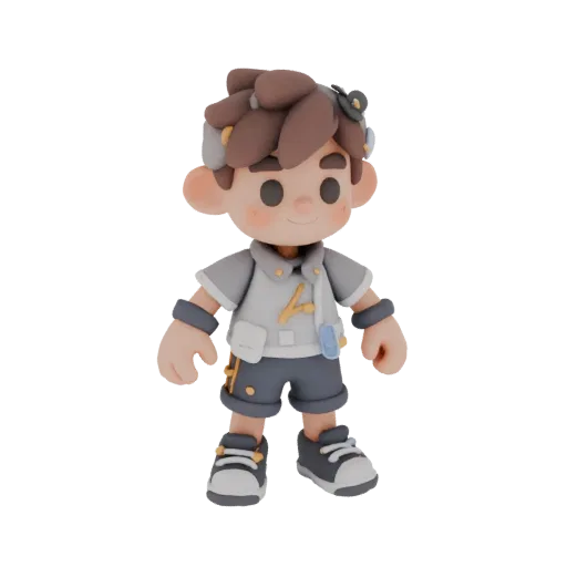 3D chibi traveler boy model, standing and smiling