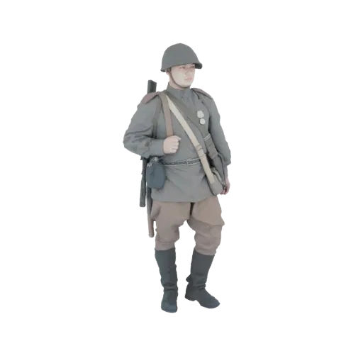 3D model of a Soviet soldier standing at attention, wearing a helmet and carrying a rifle.