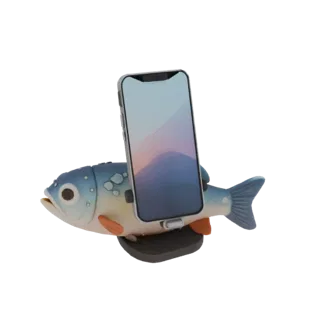 3D model of a fish phone stand holding a smartphone