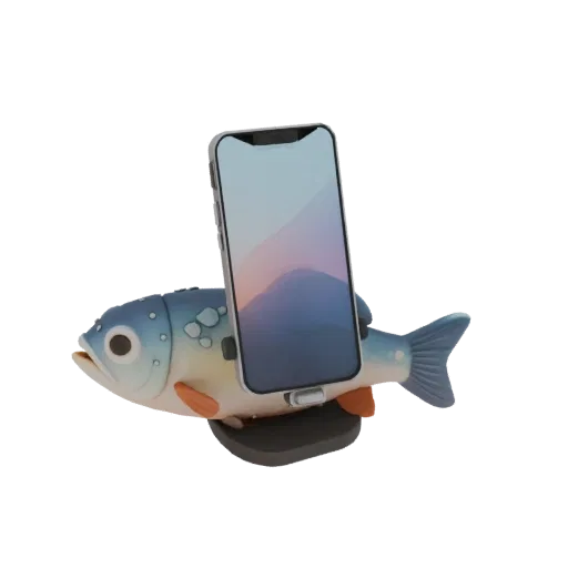 Modello 3D di supporto per telefono a forma di pesce che tiene uno smartphone