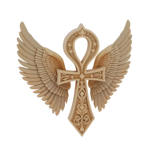 3D model of a beige, intricately carved winged ankh pendant against a white background.