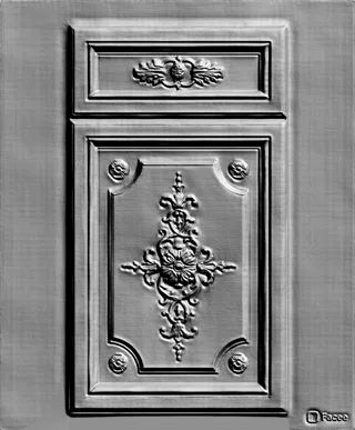 Modelo 3D de relevo clássico com ornamento floral central e elementos decorativos nos cantos.