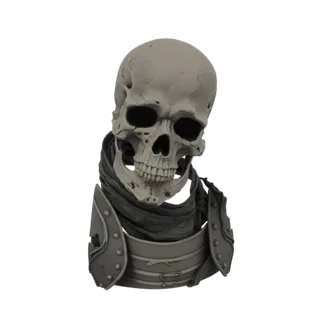 3D model of a grim warrior skull wearing detailed armor and a dark scarf, set against a white background.