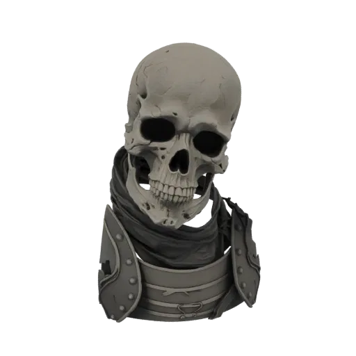 Modelo 3D de um crânio de guerreiro sombrio usando armadura detalhada e um cachecol escuro, contra um fundo branco.